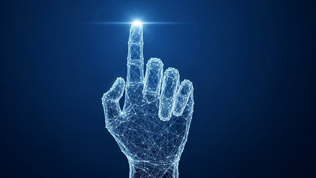 Futuristic Digital Wireframe Hand Pointing Up with Glowing Fingertip on Blue Background - Technology and Innovation Concept