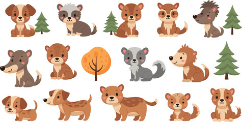 Fototapeta premium Cute woodland animals and forest trees vector set with cartoon fox wolf raccoon hedgehog and adorable wildlife characters