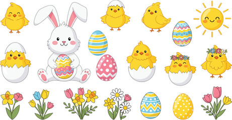 Fototapeta premium Cute Easter bunny chick and decorated eggs vector collection with spring flowers sunshine and festive holiday cartoon elements