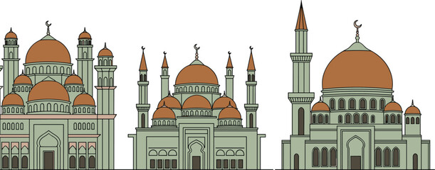 Islamic mosque architecture vector set with domes minarets and crescent symbols traditional Muslim religious buildings illustration collection © Momota