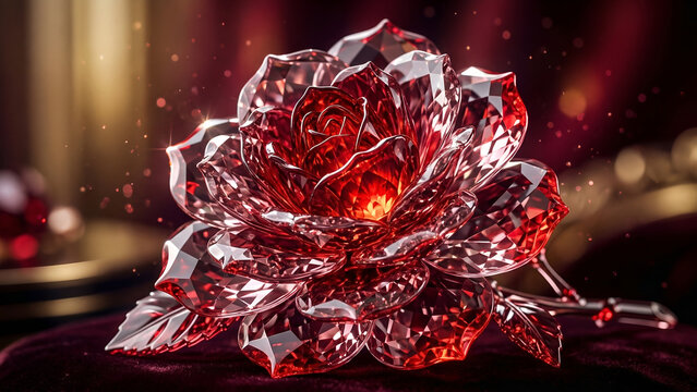 Ruby red crystal rose on a blurred background: Gem-textured flower, passionate and gorgeous glass rose wallpaper