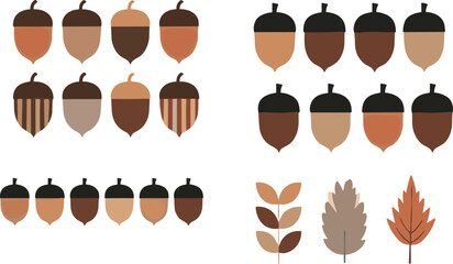 Autumn acorn and fall leaves vector collection with oak nuts woodland elements seasonal nature icons in warm brown tones © Momota