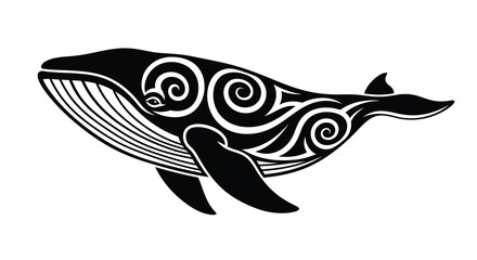 Fototapeta premium Black and white illustration of a whale with tribal design on white