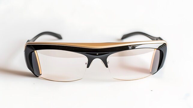 Gold and black smart glasses with camera, futuristic eyewear concept
