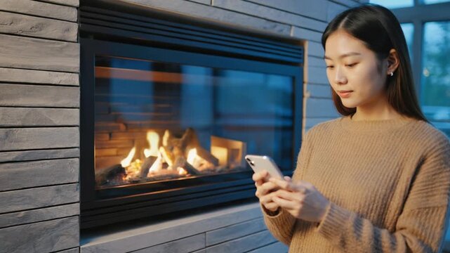 Woman Relaxing at Home, Using Smartphone Near Fireplace, Cozy Evening Lifestyle, Warm Lighting, Comfortable Interior.