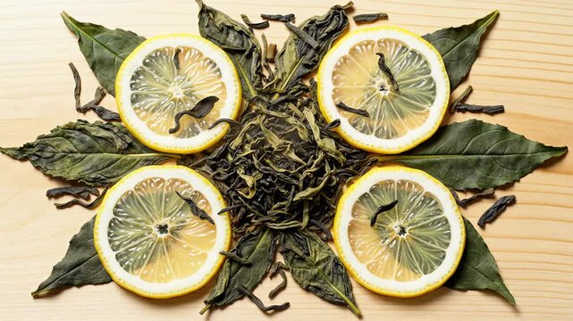 Loose Tea Leaves and Lemon Slices Flat Lay Composition