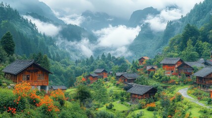 Fototapeta premium Misty Mountain Village With Traditional Wooden Houses Surrounded by Lush Greenery and Orange