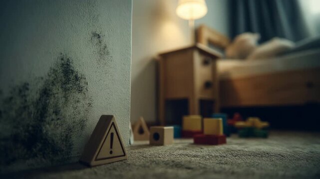 Black mold growing on a damp interior wall with a warning sign, highlighting potential health hazards in a home environment.