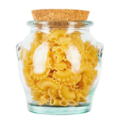 Dried macaroni cockerel scallops. Pasta in a glass jar isolated on a white background. © alexshyripa
