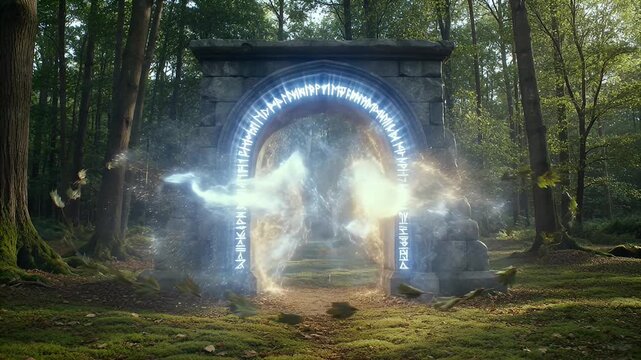 Ancient magical portal with glowing runes standing in an idyllic forest clearing
