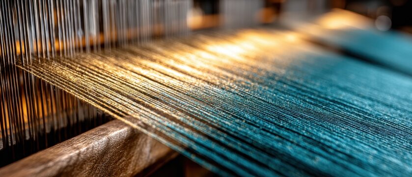 Closeup of an automated weaving loom producing luxurious emerald and gold silk fabric