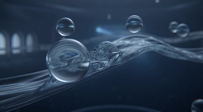 Crystal clear spheres float around flowing translucent ribbons in a dark, airy space