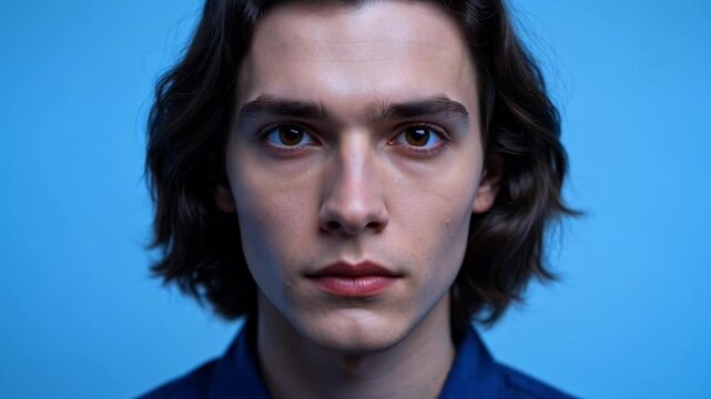 Young person with surprised expression against a plain blue backdrop
