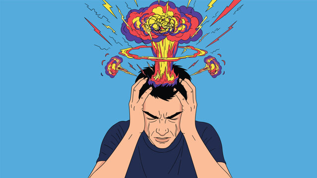 Stressed man holds his head as it symbolically explodes into a large mushroom cloud against a bright blue background.
