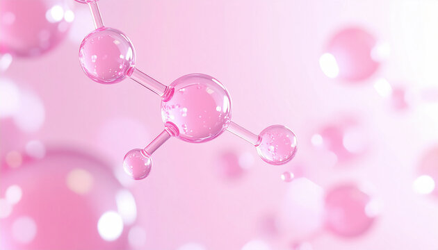 ピンクの美容成分分子とペプチド構造の3Dイメージ、スキンケア・エイジングケア・皮膚科学研究を表現した化粧品成分と先端バイオテクノロジー背景 / Pink cosmetic molecule and peptide structure 3D illustration representing skincare, anti-aging dermatology research and advanced