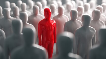 Fototapeta premium Red 3D glossy human figure standing out among a crowd of gray figures
