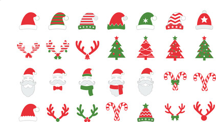 Large collection of Christmas holiday decorative elements with Santa hats reindeer antlers trees and candy canes for winter celebration vector, © Jannatun