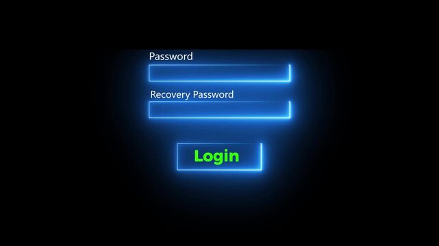 Animated neon login form with username and password fields on black background, motion graphic 4k video animation..