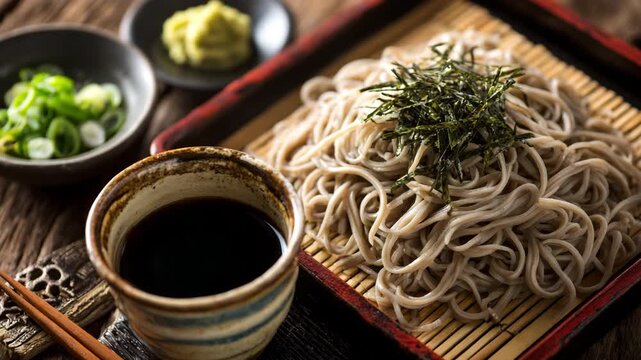 A traditional Japanese soba noodle dish served on a bamboo tray with dipping sauce, green onions, and wasabi.