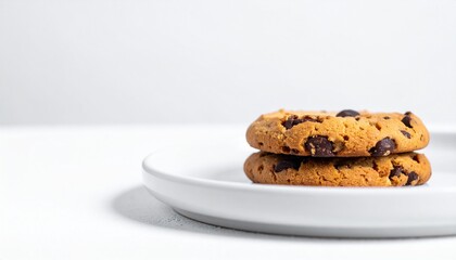 Two chocolate chip cookies stacked on a white plate.