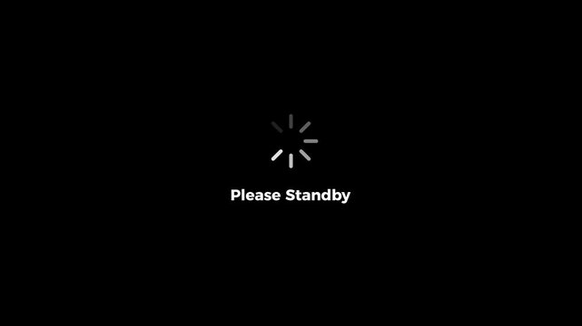 Please standby text with loading spinner icon animation, representing technical delays, software updates,and motion background 4k video animation..