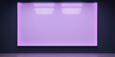 Fototapeta premium Empty purple screen mounted on dark wall. Minimalist presentation space, modern interior design element. Dramatic lighting creates focus.