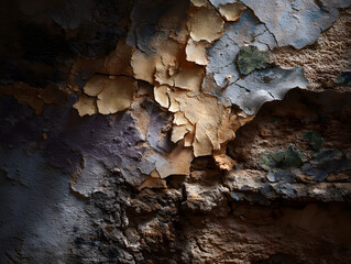 Fototapeta premium Abstract texture of peeling paint and cracked plaster on an old weathered wall with dramatic lighting, perfect for rustic or industrial backgrounds.