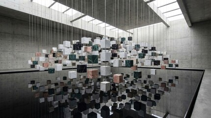 Obraz premium Stunning modern art installation with colorful marble cubes suspended in a sleek concrete room