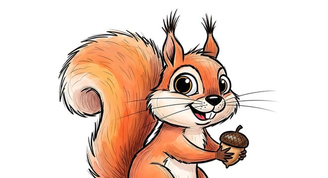 Cute cartoon squirrel holding an acorn nut and smiling happily on a clean white surface x