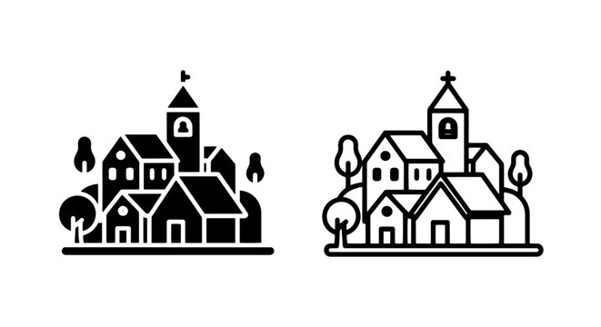 Village Icon with Church and Houses - Rural Community and Town Symbol