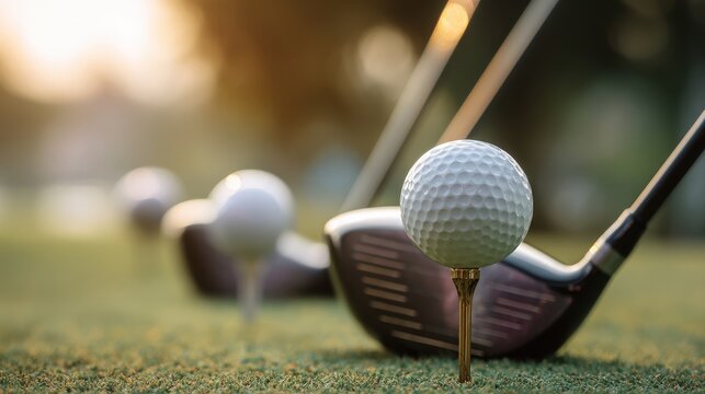 Golf ball on a tee with a golf club in a serene outdoor setting