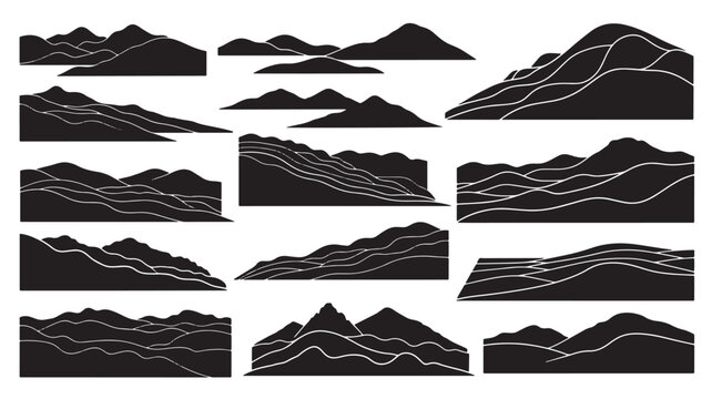 Set of 16 black mountain range icons vector