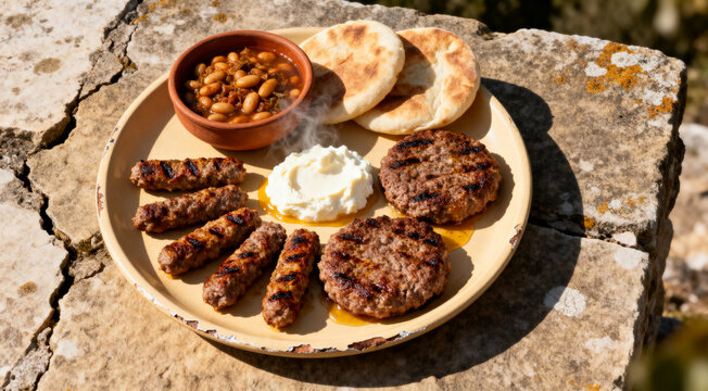 Overhead composition of grilled cevapcici and pljeskavicas with kajmak, prebranac and pitas on beige serving tray.