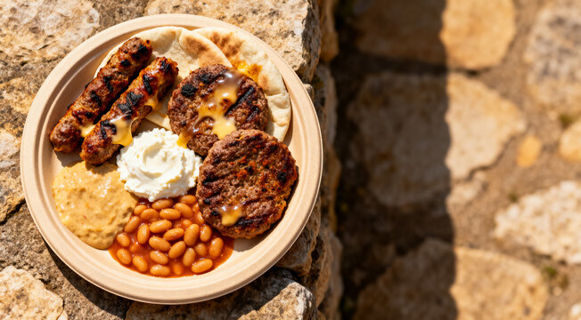 Round beige tray filled with grilled Balkan meats, kajmak cheese, prebranac beans and pita bread on brown stone table, above view.