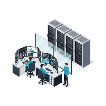 Isometric illustration of a data center with IT professionals monitoring servers.