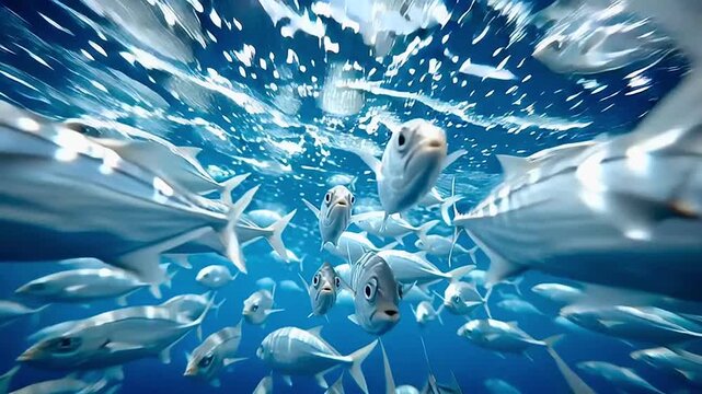 School of silver fish swimming underwater