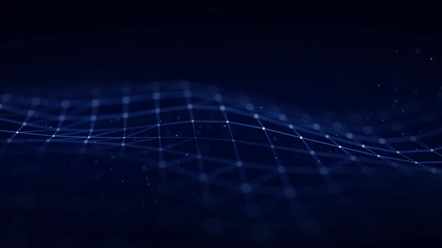 Dynamic blue wave of particles and lines. Abstract futuristic background. Big data visualization. 3D rendering.