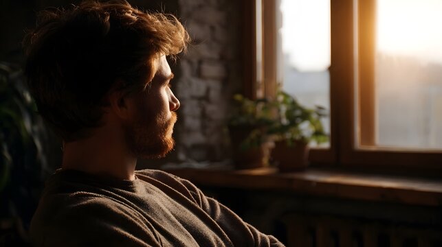 Man gazing thoughtfully out of a window bathed in warm golden sunlight during dusk lost in contemplation