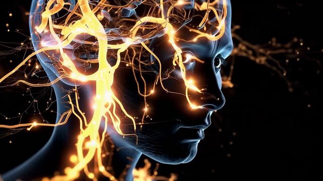 Electric brain waves illuminating human heads in dark background with glowing neural connections