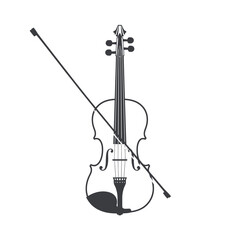 A black and white illustration depicting a violin and bow