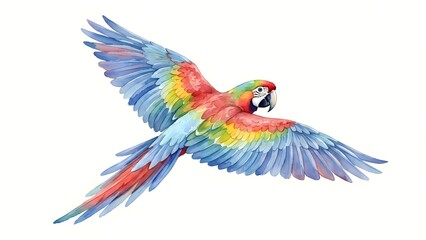 Obraz premium A vibrant watercolor illust n of a colorful aw parrot in full flight its wings spread wide against a white background