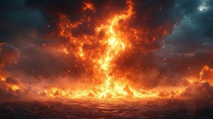 Fototapeta premium Fiery Inferno Unleashed: A mesmerizing display of raw power unfolds as flames engulf the horizon, creating an awe-inspiring spectacle of elemental force and intense energy.