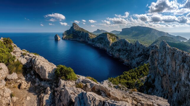 Panoramic view of Formentor peninsula and dramatic cliffs in Mallorca