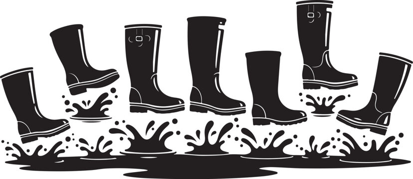 Black Rubber Boots Jumping into Water Splashes Illustration