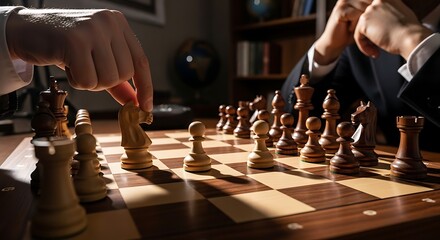Hand moving a white knight chess piece on a wooden chessboard during a game, with a strategic opponent in the background