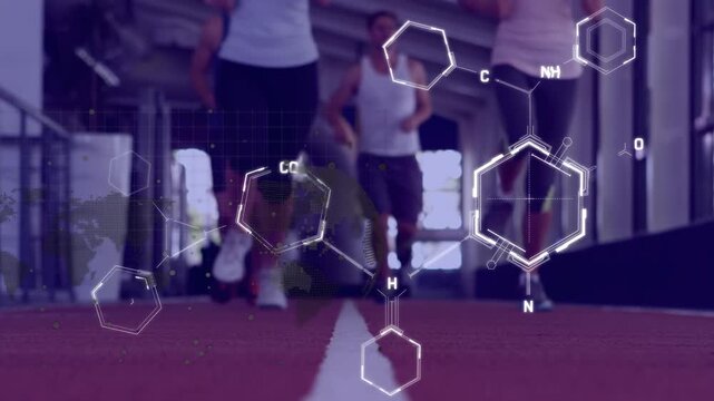 Animation of data processing over diverse sports people exercising at gym