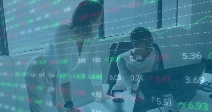 Animation of financial graphs and data over diverse female coworkers in office