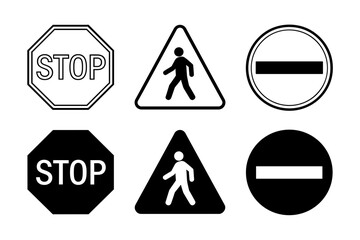 Obraz premium Road safety and traffic sign icons set including stop sign pedestrian crossing and no entry symbols in linear and silhouette style designs