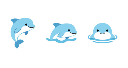 Obraz premium Cute blue dolphin character set showing different poses like jumping, swimming and peeking out of water, friendly marine animal mascot for children design.