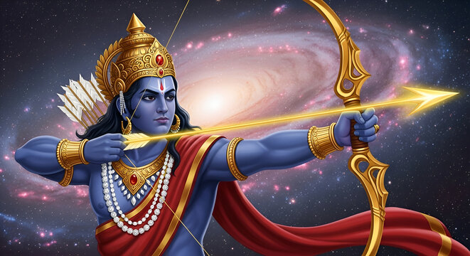 Lord Rama Shooting Arrow in Cosmic Galaxy Background &ndash; Ram Navami Spiritual Illustration